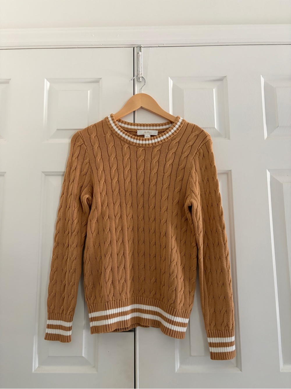 Lilly Pulitzer Camel Cable Knit Crew with White Stripe Trim